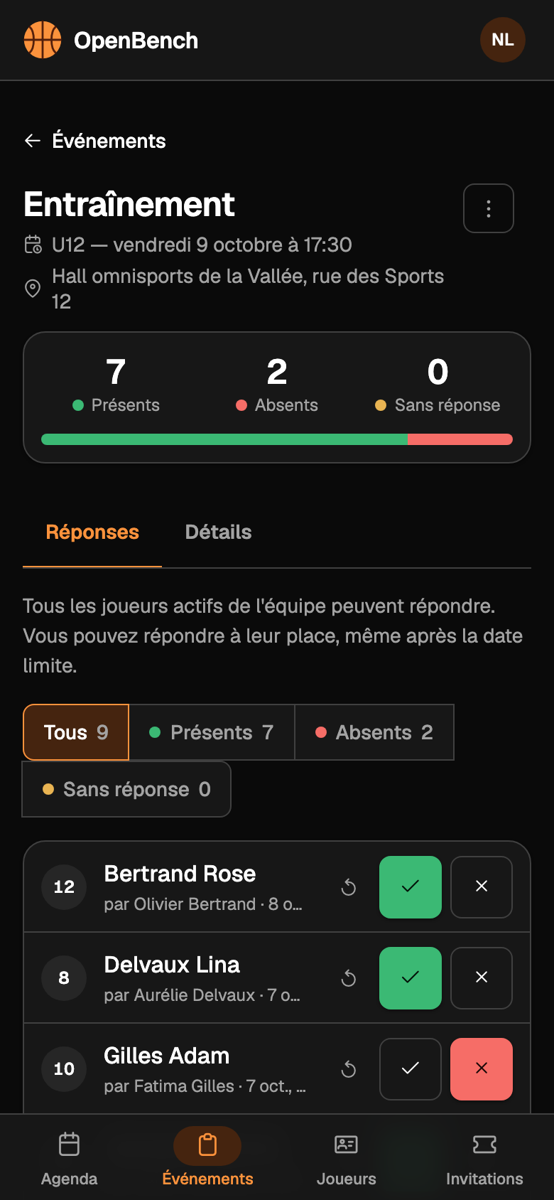 Détail d'un entraînement côté coach : 7 présents, 2 absents, 0 sans réponse, et la liste des joueurs avec leur réponse.
